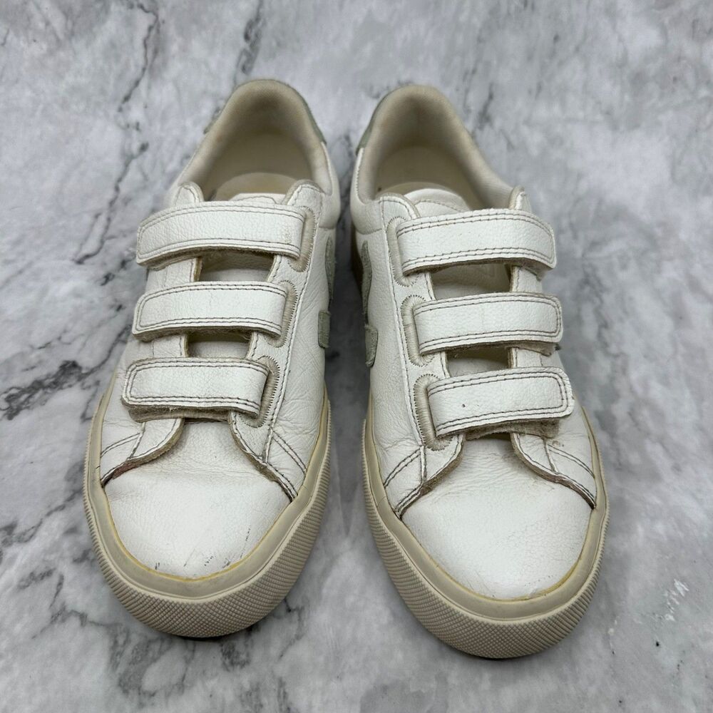 Veja Recife Leather Strap Sneakers White Suede Khaki Olive Women's Size 8 EUR 39